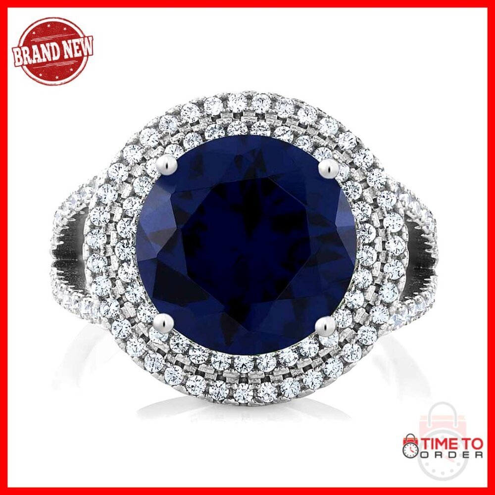 Sterling Silver Statement Ring Size 5-9 Round Simulated Sapphire 7.56cttw